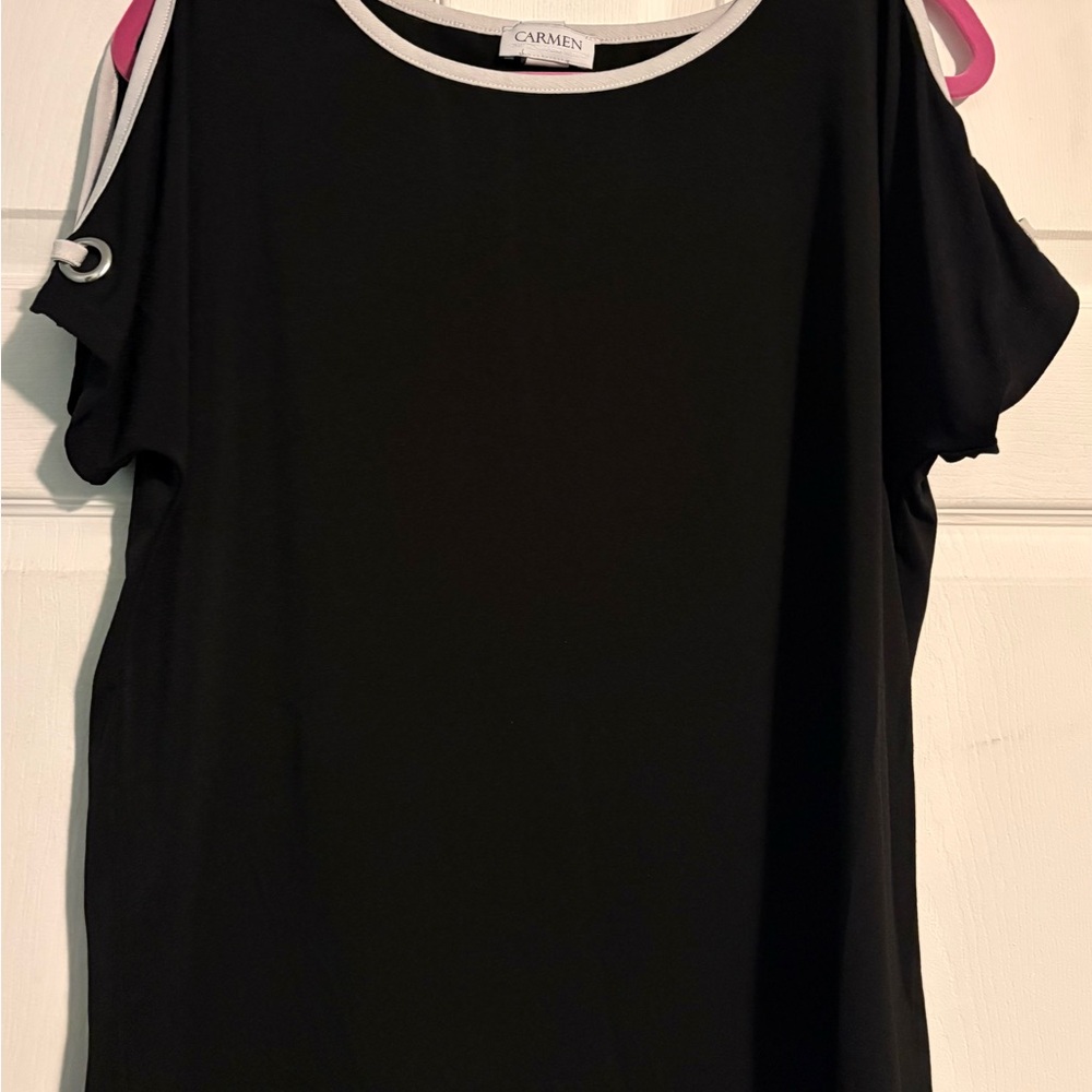 Carmen Marc Valvo Black Cold-Shoulder Tunic with Contrast Trim